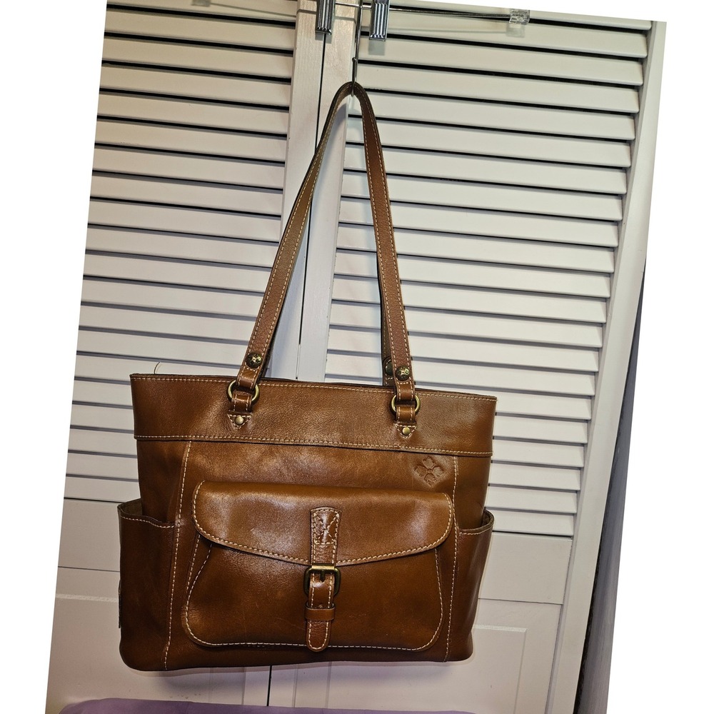 Patricia Nash Tan Leather Tote Bag Shoulder Purse Cognac Brown Buckle Detail